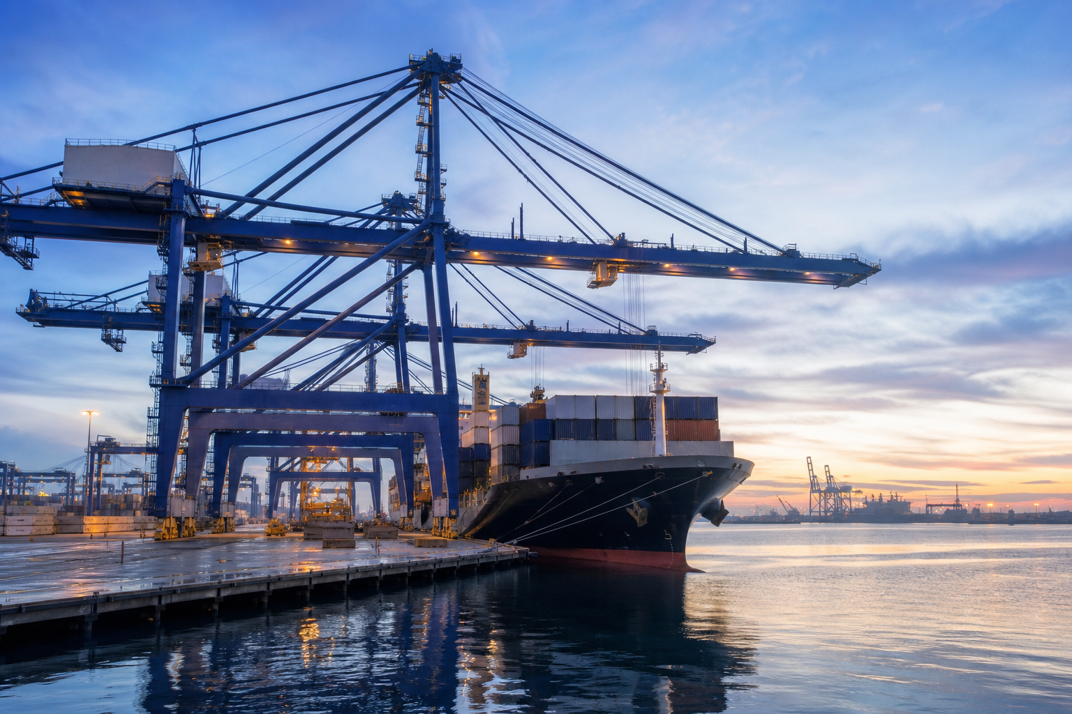 Container port at dawn